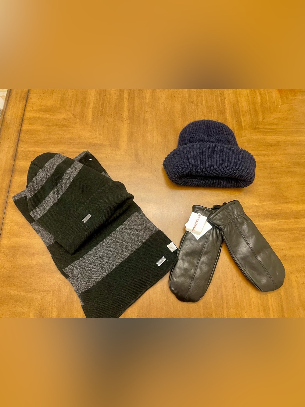 Levi's Black & Gray Striped Scarf with Beanie and Black Leather Mittens